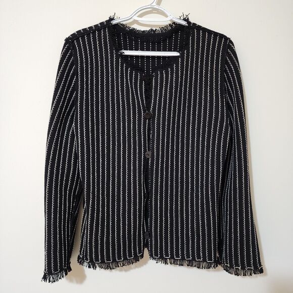 Ball of Cotton Womens Wool-Blend Knit Button-Up Jacket M Black White Fringe USA - Picture 3 of 9